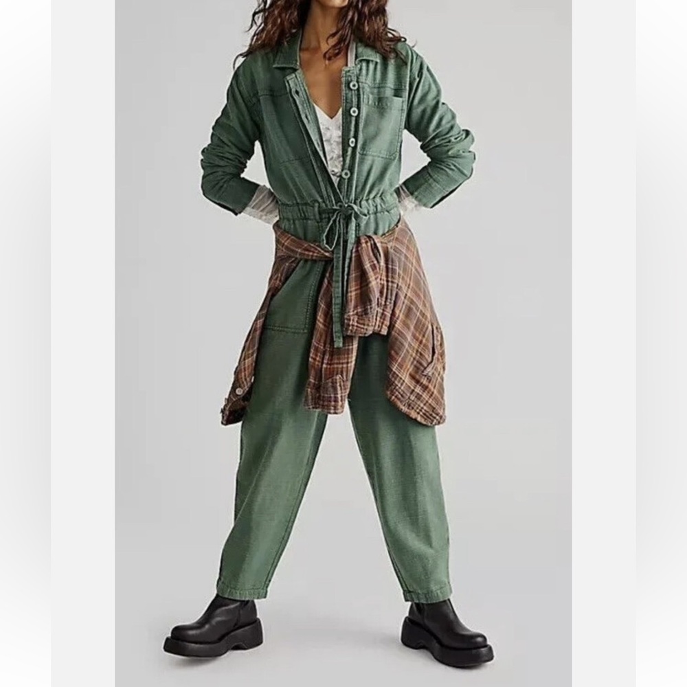 Free People Green Jumpsuit with Brown Plaid Accent